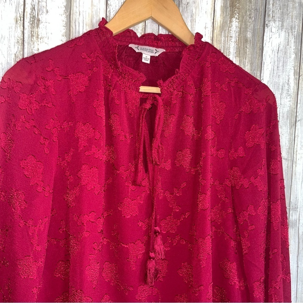 Nanette Lepore Pebble Crepe Floral Tie Neck Blouse Berry Red Size Small - Picture 4 of 5